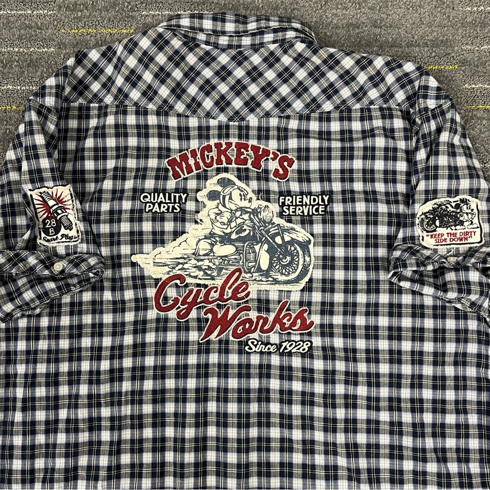 Disney Parks Mickey’s Cycle Works Plaid Pearl Snap Shirt Size XXL Motorcycle
